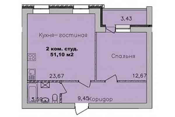2-комнатная квартира 51,10 м² в Микрорайон Дивногорский. Планировка