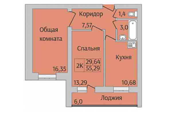 2-комнатная квартира 55,29 м² в Микрорайон Дивногорский. Планировка