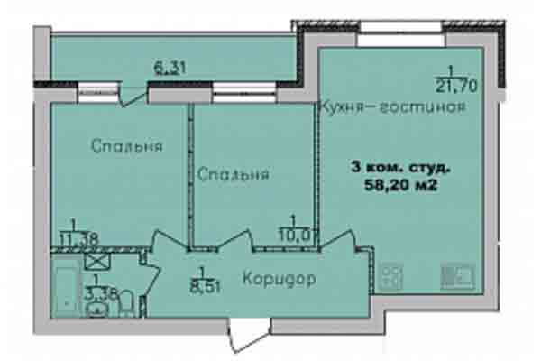 3-комнатная квартира 58,20 м² в Микрорайон Дивногорский. Планировка