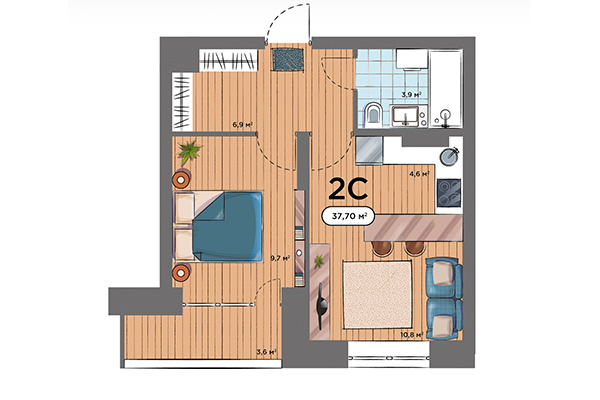 2-комнатная квартира 37,70 м² в ЖК Smart Avenue. Планировка