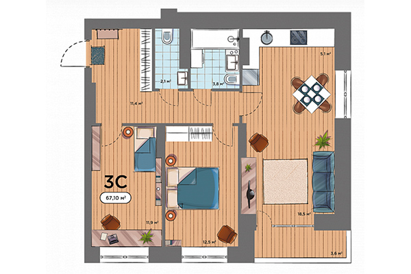 3-комнатная квартира 67,10 м² в ЖК Smart Avenue. Планировка