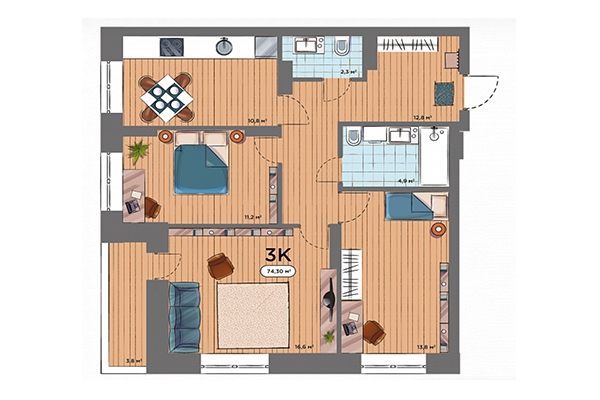 3-комнатная квартира 74,30 м² в ЖК Smart Avenue. Планировка