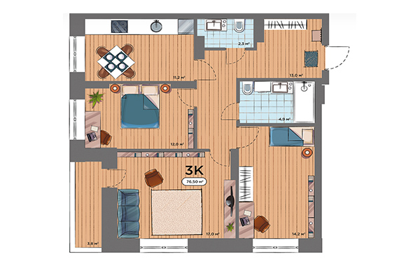 3-комнатная квартира 76,50 м² в ЖК Smart Avenue. Планировка