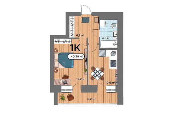 1-комнатная квартира 40,03 м² в ЖК Smart Park. Планировка