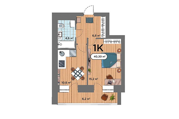 1-комнатная квартира 40,30 м² в ЖК Smart Park. Планировка