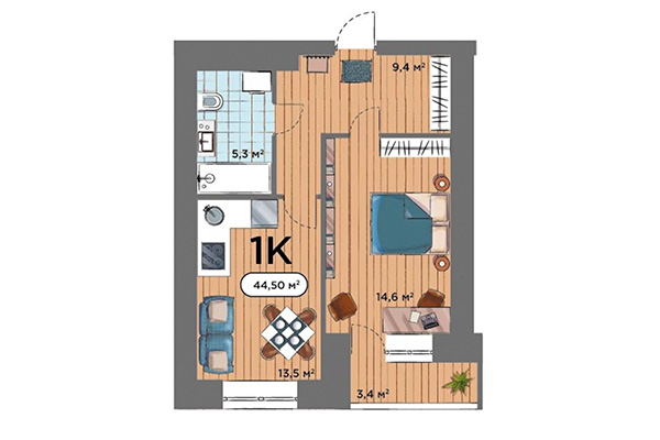 1-комнатная квартира 44,05 м² в ЖК Smart Park. Планировка