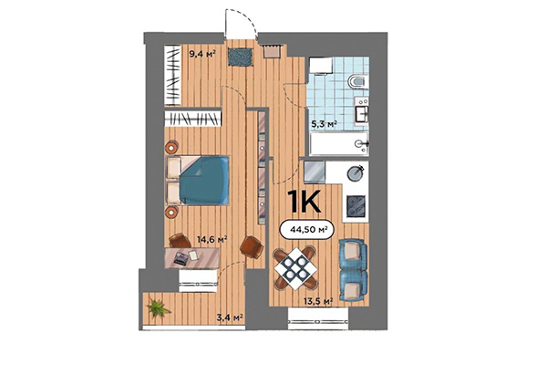 1-комнатная квартира 44,50 м² в ЖК Smart Park. Планировка