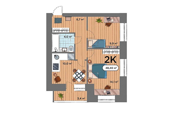 2-комнатная квартира 48,04 м² в ЖК Smart Park. Планировка