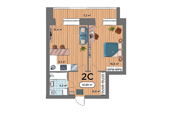 2-комнатная квартира 51,80 м² в ЖК Smart Park. Планировка