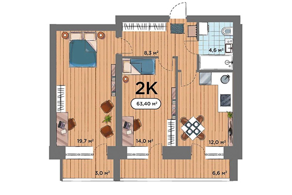 2-комнатная квартира 63,40 м² в ЖК Smart Park. Планировка