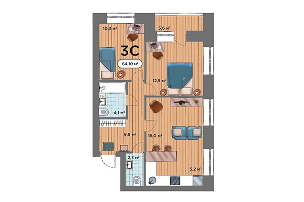 3-комнатная квартира 64,01 м² в ЖК Smart Park. Планировка