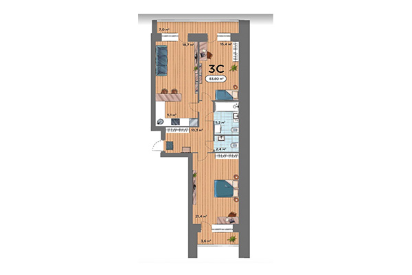 3-комнатная квартира 83,80 м² в ЖК Smart Park. Планировка