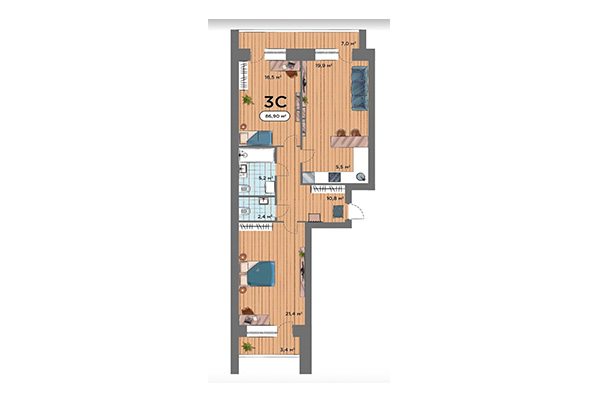 3-комнатная квартира 86,90 м² в ЖК Smart Park. Планировка