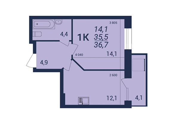 1-комнатная квартира 36,70 м² в ЖК NOVA-дом. Планировка