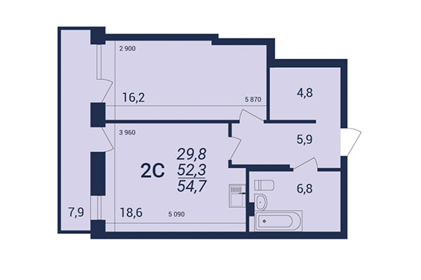 2-комнатная квартира 54,70 м² в ЖК NOVA-дом. Планировка