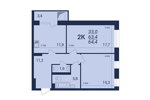 2-комнатная квартира 64,40 м² в ЖК NOVA-дом. Планировка