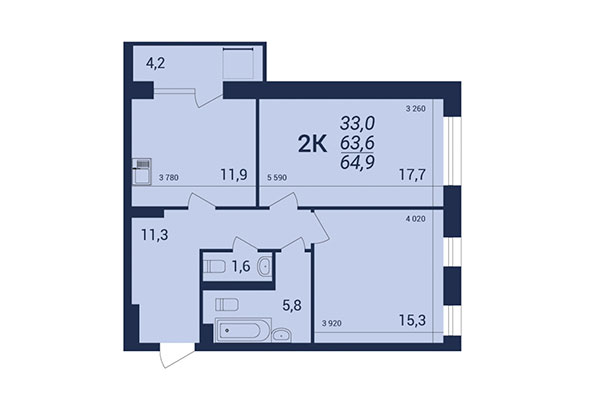 2-комнатная квартира 64,90 м² в ЖК NOVA-дом. Планировка
