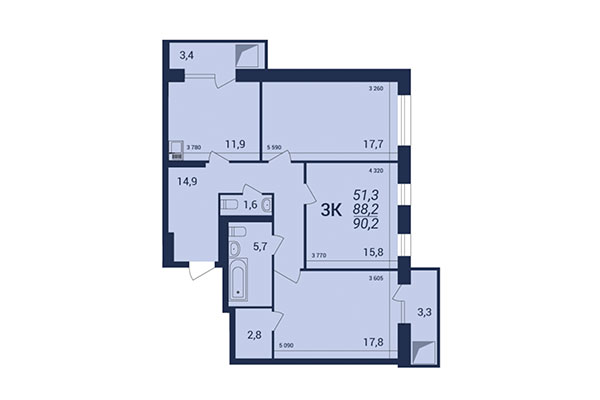 3-комнатная квартира 90,20 м² в ЖК NOVA-дом. Планировка