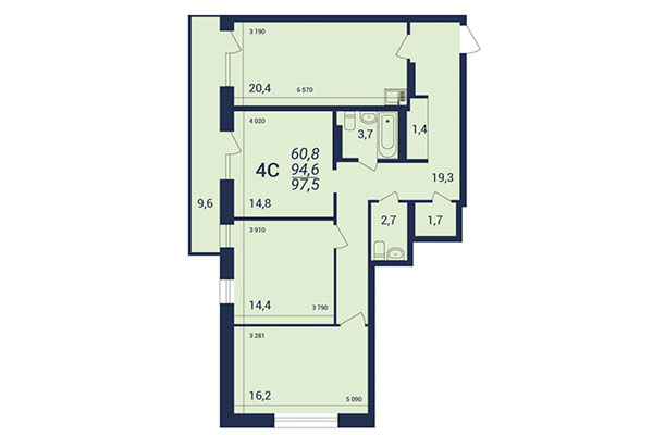 4-комнатная квартира 97,50 м² в ЖК NOVA-дом. Планировка