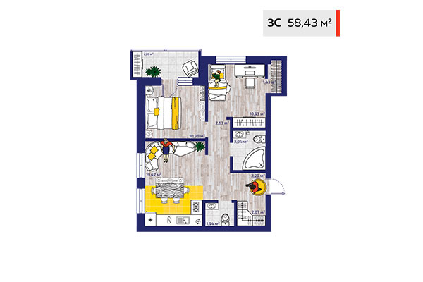 3-комнатная квартира 58,43 м² в ЖК Новые снегири. Планировка