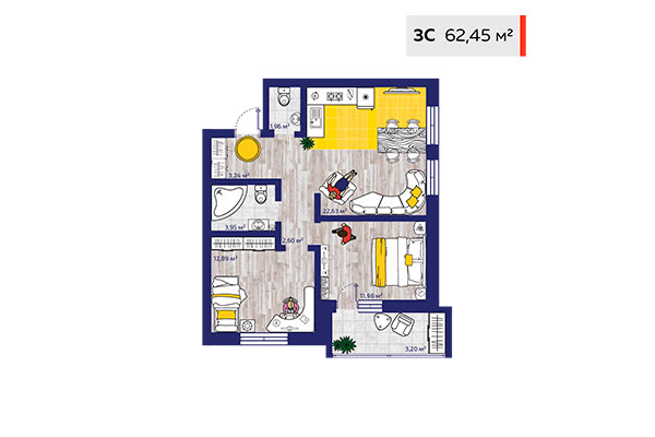 3-комнатная квартира 62,45 м² в ЖК Новые снегири. Планировка