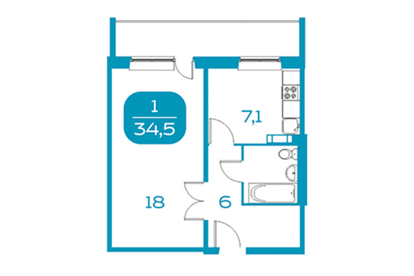 1-комнатная квартира 34,51 м² в Аквамарин. Квартал у реки. Планировка
