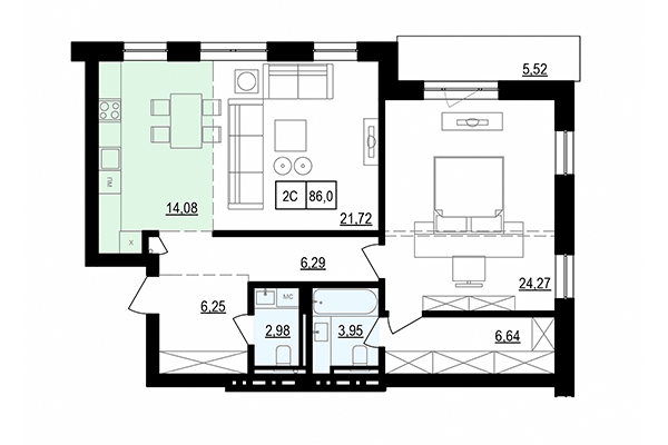 2-комнатная квартира 86,00 м² в ЖК Жуковка. Планировка