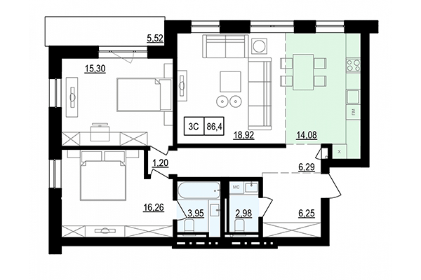 3-комнатная квартира 86,40 м² в ЖК Жуковка. Планировка