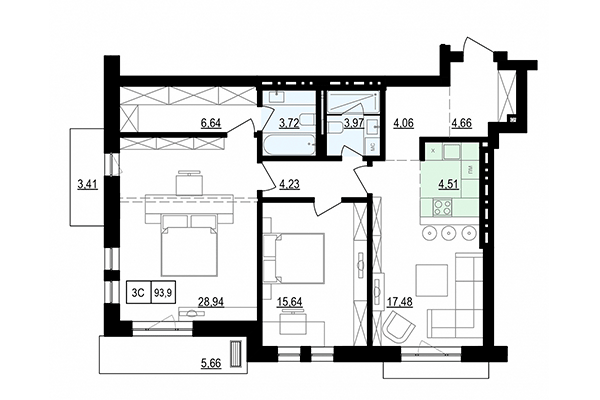 3-комнатная квартира 93,90 м² в ЖК Жуковка. Планировка