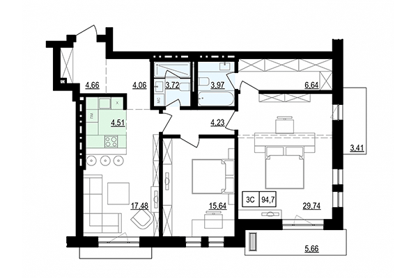 3-комнатная квартира 94,70 м² в ЖК Жуковка. Планировка