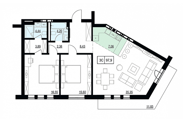 3-комнатная квартира 97,91 м² в ЖК Жуковка. Планировка
