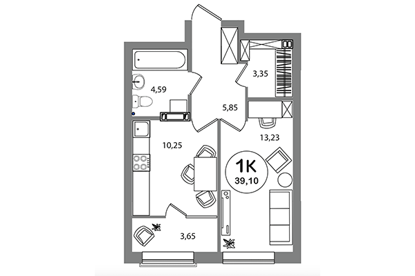 1-комнатная квартира 39,10 м² в ЖК Геометрия. Планировка