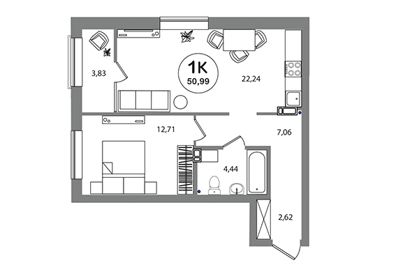 1-комнатная квартира 50,99 м² в ЖК Геометрия. Планировка