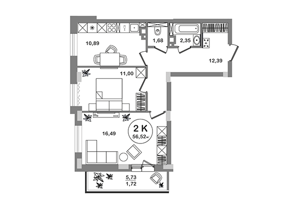 2-комнатная квартира 56,52 м² в ЖК Геометрия. Планировка