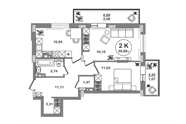 2-комнатная квартира 59,88 м² в ЖК Геометрия. Планировка