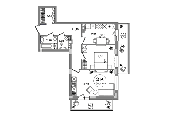 2-комнатная квартира 60,43 м² в ЖК Геометрия. Планировка