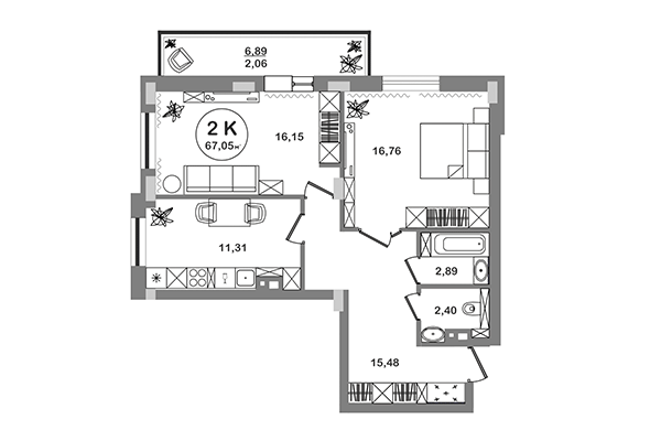 2-комнатная квартира 67,05 м² в ЖК Геометрия. Планировка