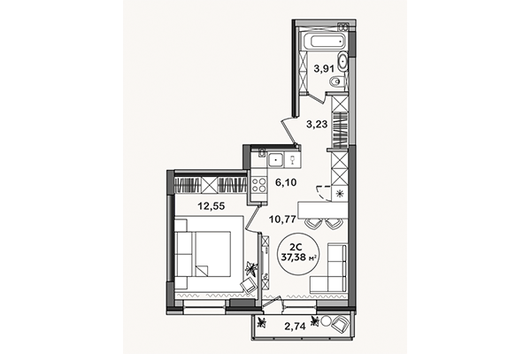 1-комнатная квартира 37,39 м² в ЖК Сандэй. Планировка