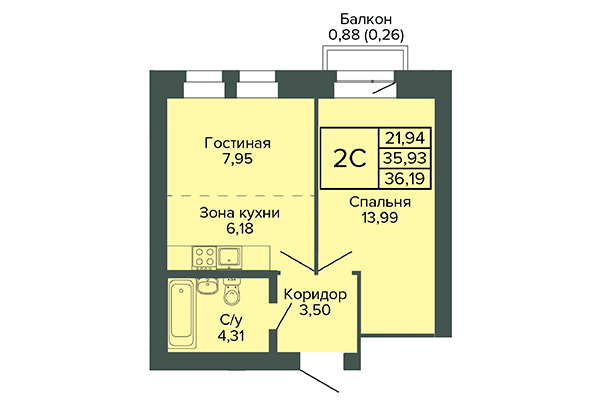 2-комнатная квартира 36,19 м² в ЖК Малахит. Планировка