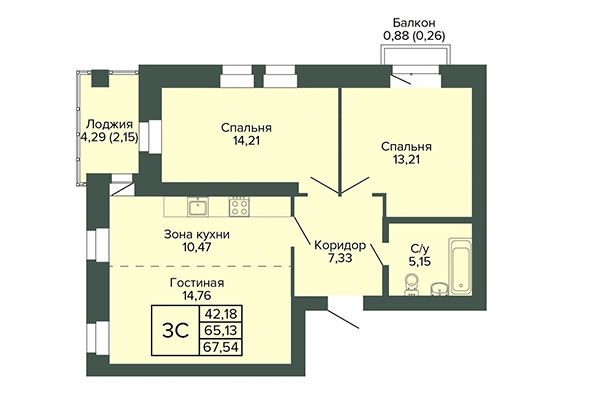 3-комнатная квартира 67,55 м² в ЖК Малахит. Планировка