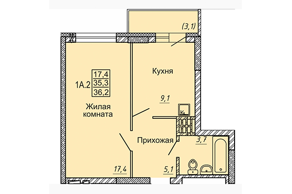 1-комнатная квартира 36,20 м² в ЖК Матрешки 2.0. Планировка