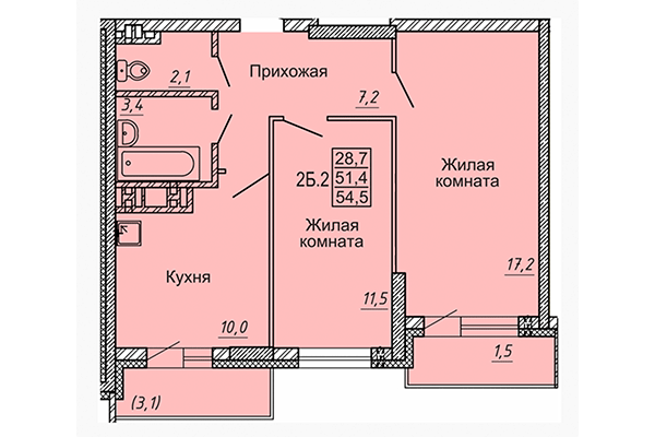 2-комнатная квартира 54,50 м² в ЖК Матрешки 2.0. Планировка