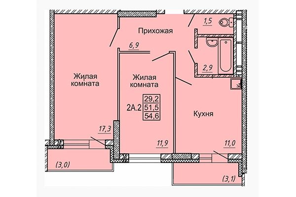 2-комнатная квартира 54,60 м² в ЖК Матрешки 2.0. Планировка