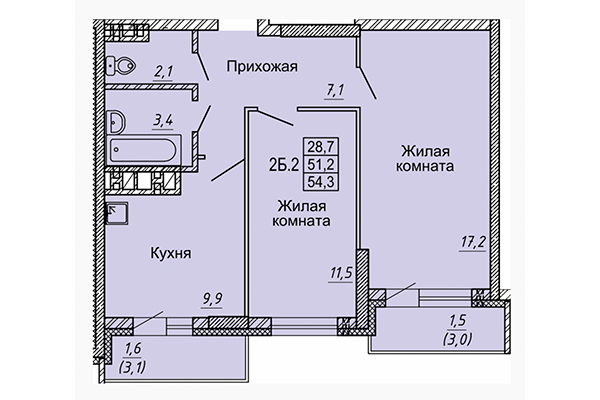 2-комнатная квартира 54,30 м² в ЖК Матрешкин двор. Планировка