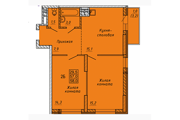 2-комнатная квартира 58,00 м² в ЖК Матрешкин двор. Планировка