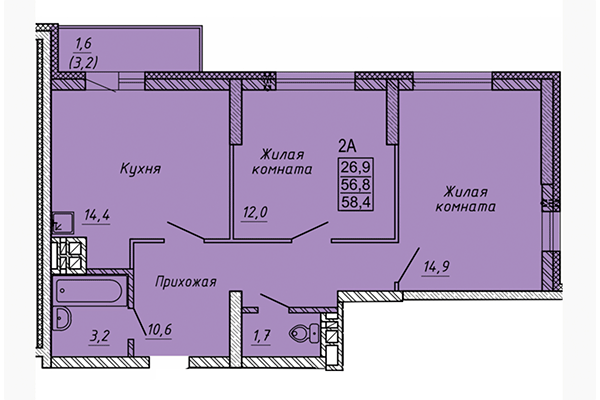 2-комнатная квартира 58,40 м² в ЖК Матрешкин двор. Планировка