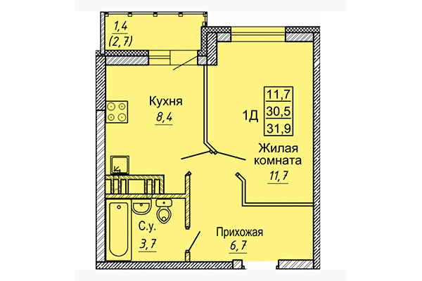1-комнатная квартира 31,90 м² в ЖК Новые Матрешки. Планировка