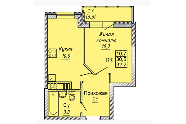1-комнатная квартира 32,02 м² в ЖК Новые Матрешки. Планировка