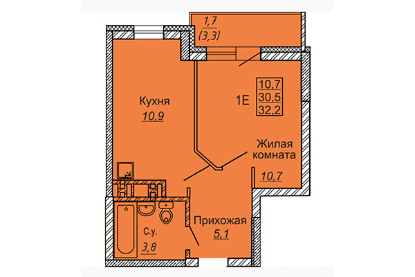 1-комнатная квартира 32,20 м² в ЖК Новые Матрешки. Планировка
