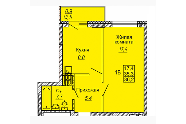 1-комнатная квартира 36,20 м² в ЖК Новые Матрешки. Планировка